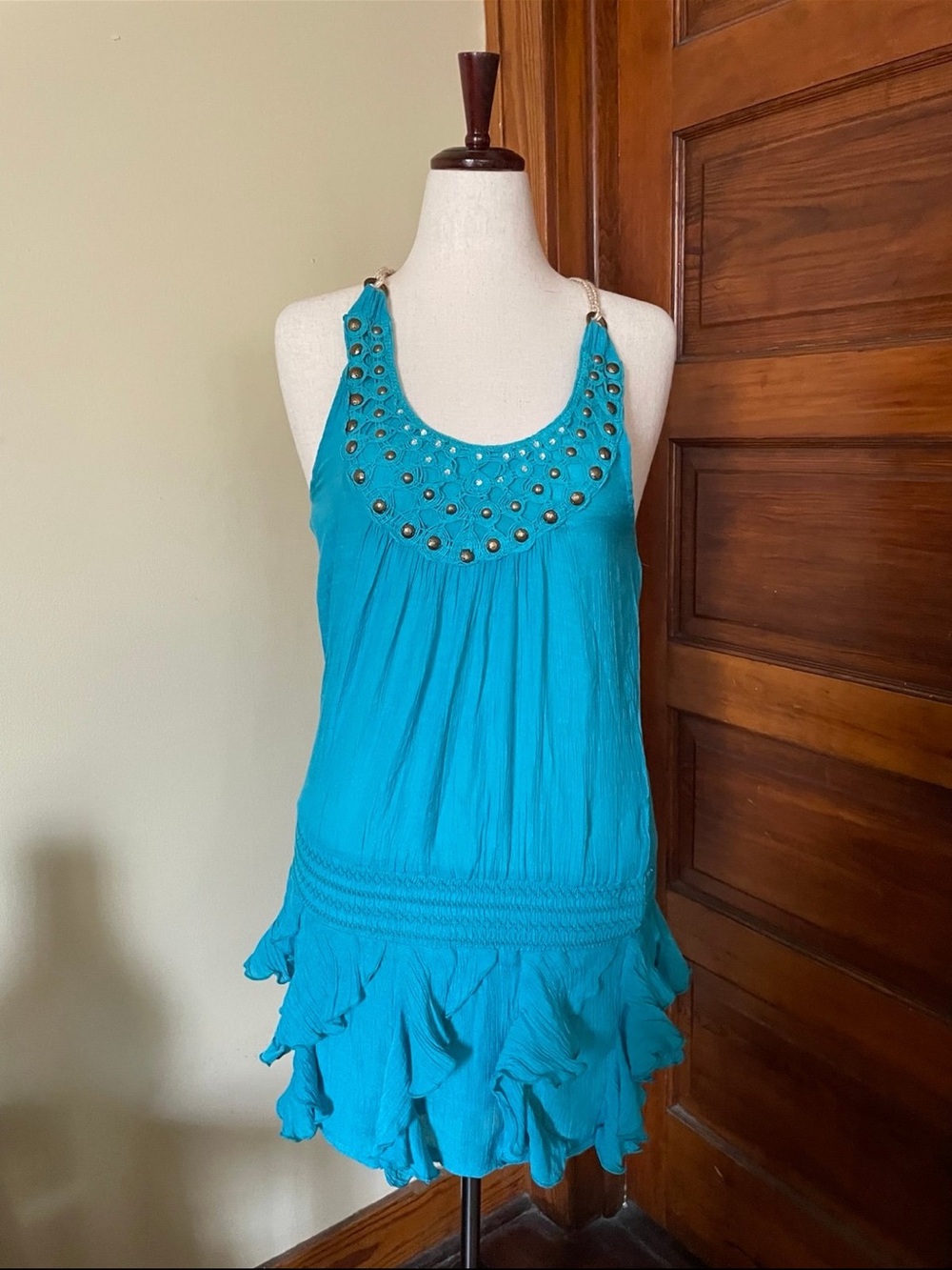 a'gaci Turquoise Studded Halter Midi Dress